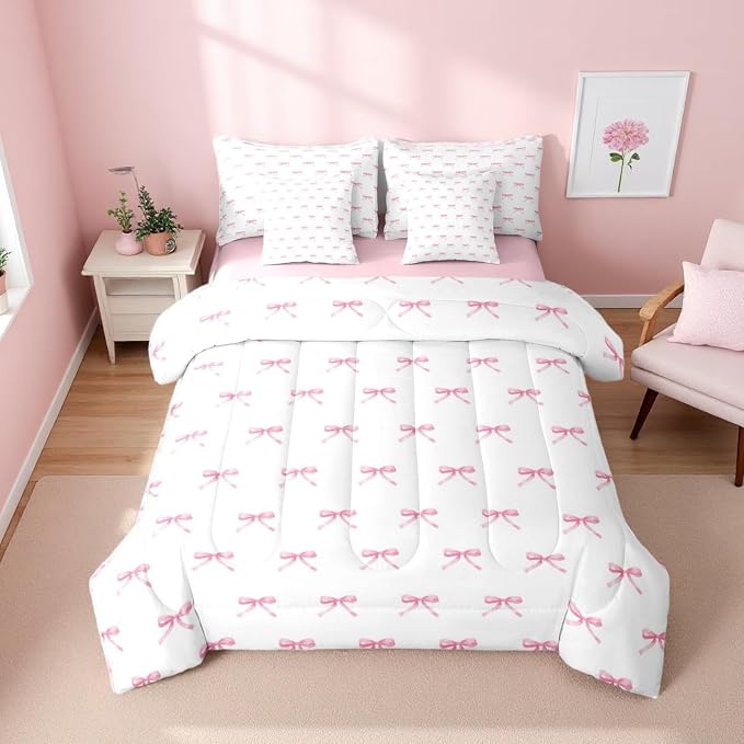 Erosebridal 7 Pieces Pink Bow Comforter King,Kids Cartoon Bowknot Butterfly Knot Princess Bedding Set for Girls,Dreamy Watercolor Ribbons Bow Tie Sheets with Pillowcases + Pillow Covers,Pink White by Erosebridal