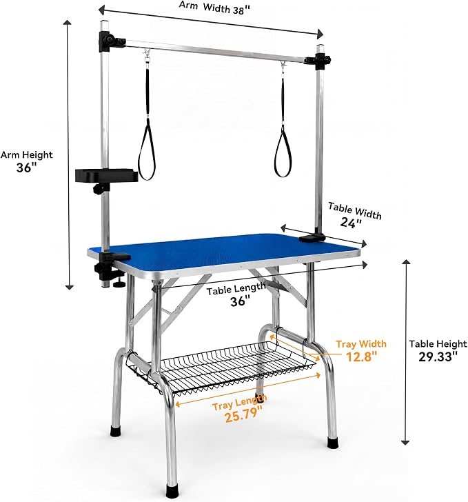 36" Foldable Dog Grooming Table with Adjustable H-Frame Arm & 2 Nooses, Heavy-Duty Stainless Steel Frame, Non-Slip Top, Tool Caddy and Mesh Tray, Blue - Image 2