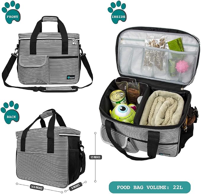 PetAmi Dog Travel Bag Organizer, Pet Travel Kit with 2 Food Containers & 2 Collapsible Dog Bowls, Pet Supplies Tote with Luggage Sleeve, Weekend Road Trip Camping Essentials, Stripe Black, Medium - Image 2