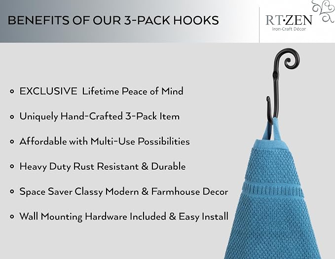 RTZEN Classic Farmhouse Wall Mount Multi-Use Wrought Iron Hook Set (3 Pack) | Decorative Rustic Metal Handcrafted Bathroom, Entreyway Home Decor Hooks Suitable for Coats, Towels, Robe or Hat Hanging - Image 2
