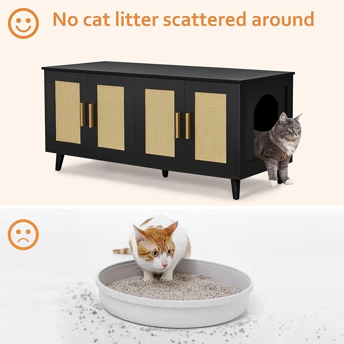 Homhedy Boho Cat Litter Box Enclosure for 2 Cats, Black and Natural | Hidden Litter Box Furniture with Double Rattan Decorated Doors, Cat Washroom, Cat House, Dog-Proof, TV Stand - Image 7
