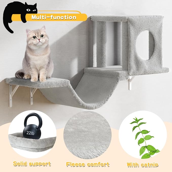 NUNU LAB Cat Wall Shelves, 6 Pcs Luxury Wall-Mounted Cat Climber Set, Indoor Cat Furniture with 1 Condos House, 2 Cat Wall Shelves, 1 Scratching, 1 Bridge Ladder, 1 Scratching Pad, Light Grey - Image 2