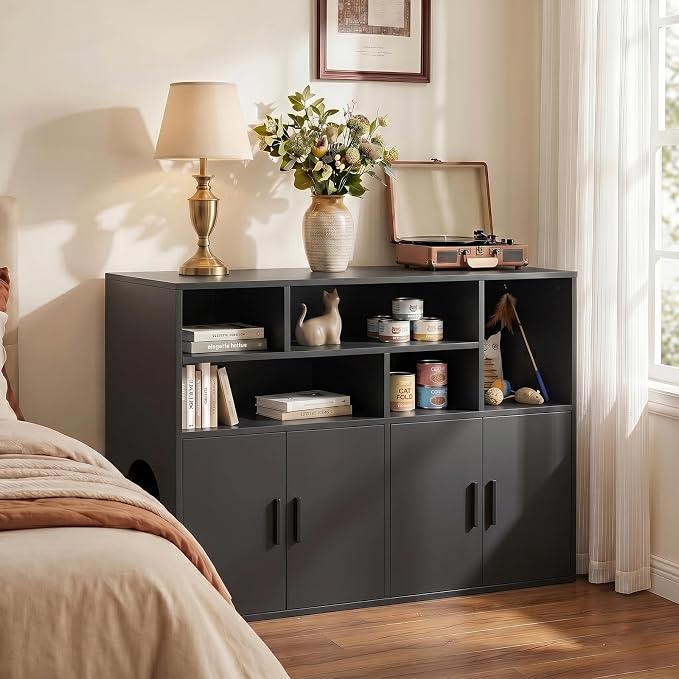 Amunrbrek Double Litter Box Enclosure, Hidden Cabinet with Storage, Black | Pass-Through Design Makes Cats Feel Safe - Image 2