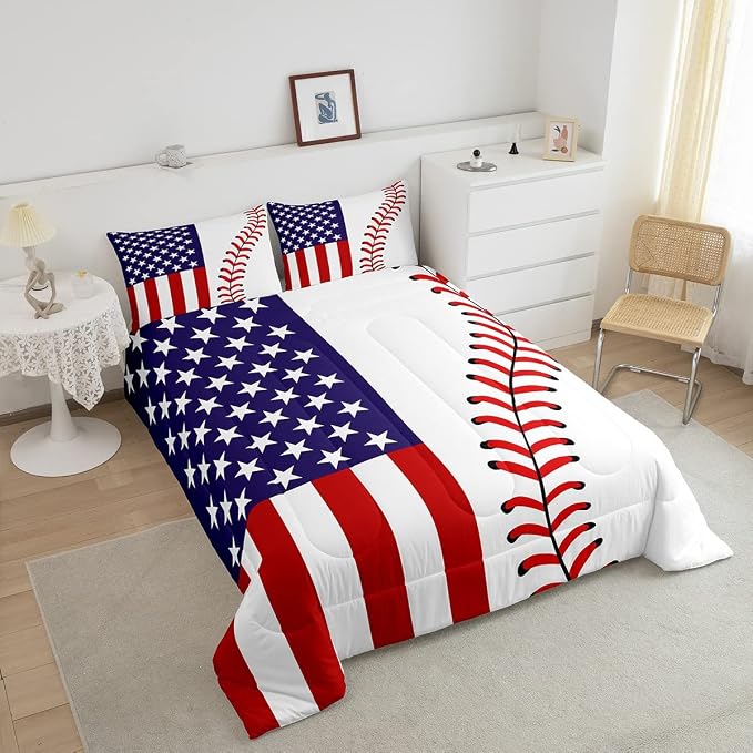 American Flag Comforter Set Twin,Abstract Baseball Bedding Set 2pcs for Kids Teens Boys Man Adult Room Decor,Ball Sports Games Fashion Quilt Set,Red & White Simple Duvet Insert with 1 Pillowcase - Image 4