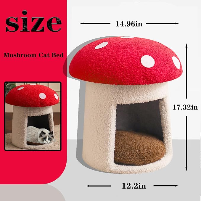 Mushroom Cow Cat Bed House for Indoor Cats & Small Dogs - Soft Cave-Style Pet Nest with Removable Washable Cushion, Plush Semi-Enclosed Cat Cave Tent, (red and White, Sturdy) - Image 2