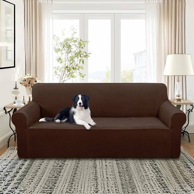 U-NICE HOME Velvet Sofa Covers Stretch Couch Covers for 3 Cushion Couch Furniture Protector Sofa Slipcover (XL Large, Chocolate) - Image 2