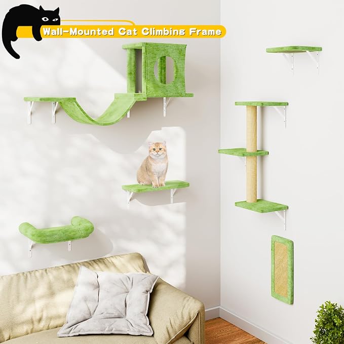 NUNU LAB Wall Mounted Cat Furniture Set - 6 Pcs Climber Set with House, Bridge, Steps, Scratcher Board - DIY Walls Playground, Indoor Cat Shelves - Green - Image 2