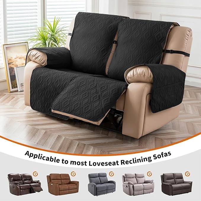 Genina Black Waterproof Loveseat Recliner Cover, Non-Slip, Sofa Cover for Reclining Couch 2 Seat, Washable Couch Cover Loveseat Furniture Protector Cover for Pets Dogs Kids - Image 4