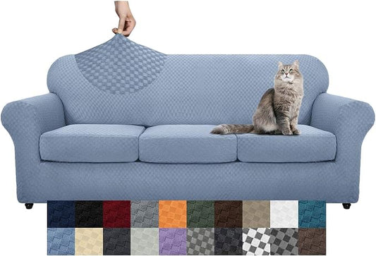 YEMYHOM Latest Checkered 4 Pieces Couch Covers for 3 Cushion Couch High Stretch Thickened Sofa Cover for Dogs Pets Elastic Slipcovers Living Room Furniture Protector (Light Blue), 71"-91"(3 Cushions) by YEMYHOM
