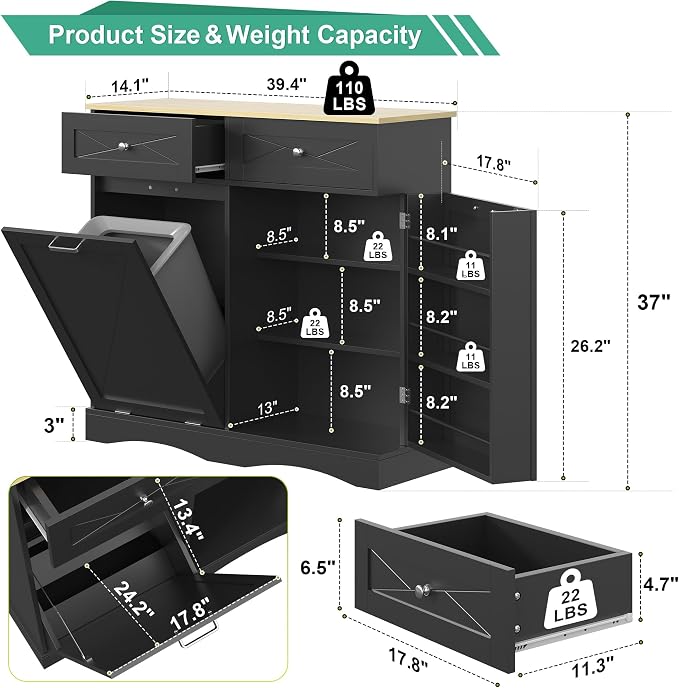 kepptory 37" High Dog Feeding Station with Storage Drawer, Pet Organizers and Storage Adjustable Shelf, Dog Feeder Station, Pet Storage Cabinet for Cats and Dogs (Black) - Image 2