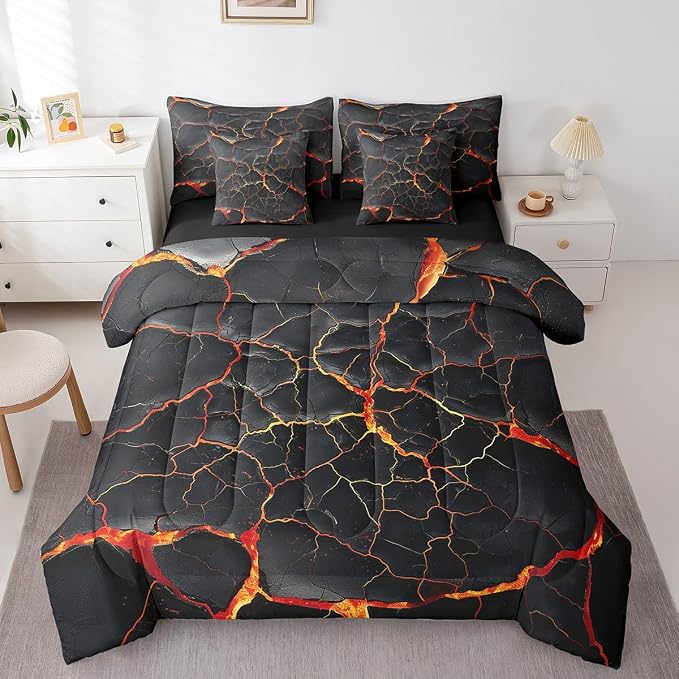 Erosebridal Lightning Comforter Sets with Sheets - Black Marble Print Bedding Set King for Boys Girls Orange Lava Theme 7Pcs Bed in A Bag Modern Abstract Bed Set by Erosebridal