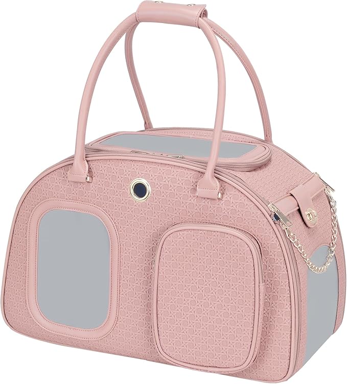 Stylish Luxury Dog Carrier Purse for Small Dogs, Ventilated Pet Soft-Sided Dog Cat Carrier Travel Tote Bag for Puppies Small Animals with Pockets (Pink, 16.9inch x 9inch x 11.8inch(LxWxH))