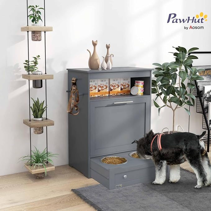 PawHut Dog Feeding Station with Raised Bowls, Pet Feeder Station, Gray | Dog Food Storage Cabinet, Hanger for Feeding & Watering Supplies - Image 2