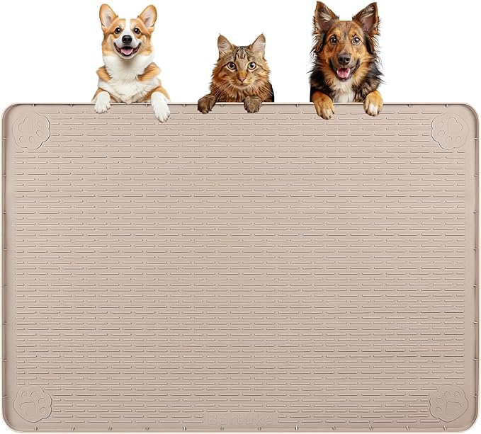 Dog Food Mat 40''x28'' Extra Large Dog Mat for Food and Water, Khaki | Silicone Dog Bowl Mat with Raised Edge, Waterproof Non-Slip Pet Feeding Mat for Floors, fit for Dog Cat Bowls by Bartuke