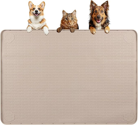 Dog Food Mat 40''x28'' Extra Large Dog Mat for Food and Water, Khaki | Silicone Dog Bowl Mat with Raised Edge, Waterproof Non-Slip Pet Feeding Mat for Floors, fit for Dog Cat Bowls by Bartuke