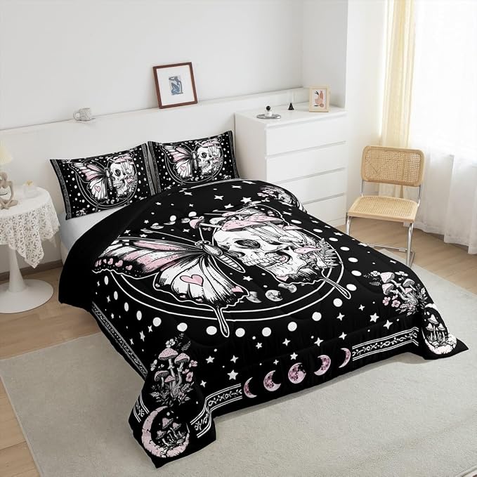 Gothic Skull Moth Comforter Sets King Size,Boho Starry Moon Galaxy Bedding Comforter for Kids Girls Boys,Mushmoon Flowers Leaves Quilt Sets for Bedroom Decor,Duvet Insert,2 Pillowcase,Black Pink - Image 6