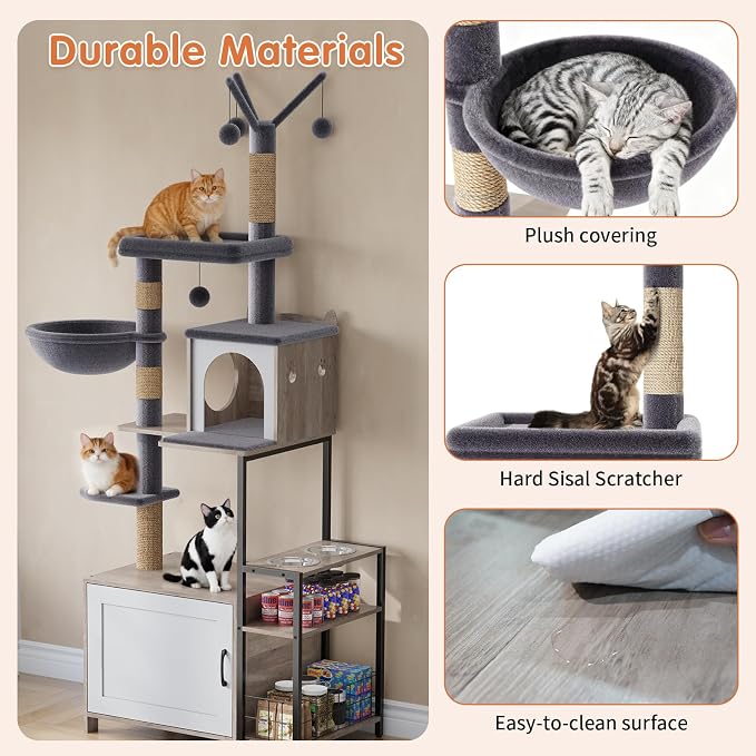 HavenlyYouth Cat Tree with Food Station and Litter Box Enclosure, Multi-Level Cat Tree Tower with Sisal Scratch Posts for Playtime, Plush Hammock in Gray for Cozy - Image 6
