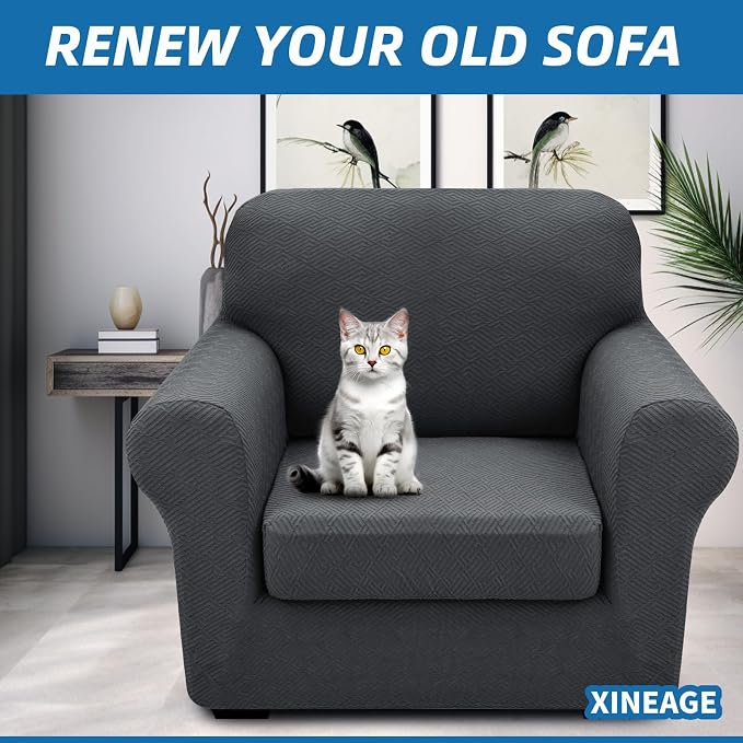 XINEAGE 2026 New 2 Pieces Chair Covers with Arms Super Stretch Chair Slipcover for Living Room Pet Dog Universal Slip Cover Anti Slip Armchair Furniture Protector (Dark Gray), 31"-46"(1 Cushion) - Image 4