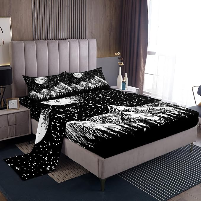Sun Moon Bed Sheets Full Size 4Pcs Abstract Sun Stars Sheet Set for Kids Boys Mystic Chic Boho Flat Sheet Teens Adult, Mountain Tree Sketch Bedroom Decor Fitted Sheet with 2 Pillowcases,Black White - Image 2