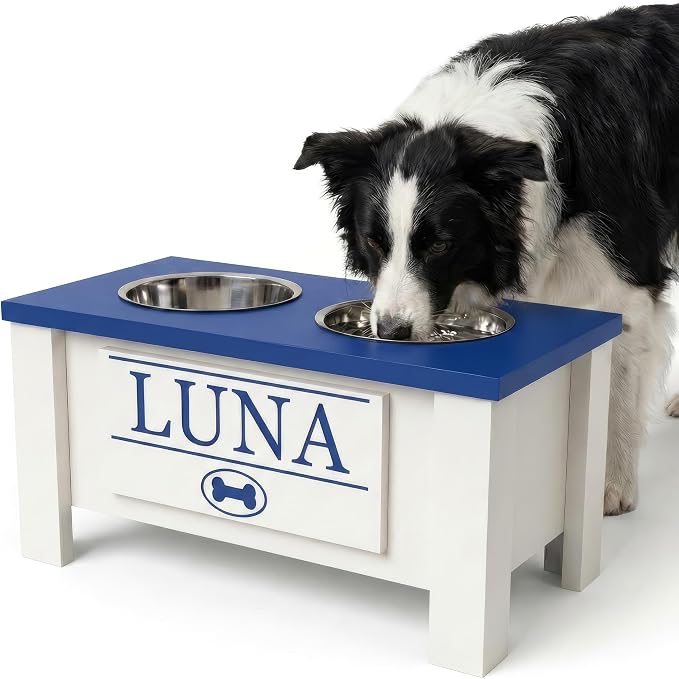 Elevated Dog Bowls, Personalized Raised Dog Bowl Stand for Medium Dogs | Farmhouse Style, Elevated Wood Stand, Storage Container, Stainless Steel Bowls, Raised Anti-Slip Feeder, Made in USA by GrooveThisWoodshop