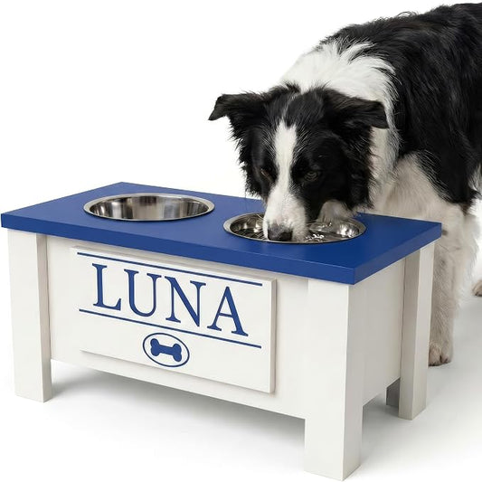 Elevated Dog Bowls, Personalized Raised Dog Bowl Stand for Medium Dogs | Farmhouse Style, Elevated Wood Stand, Storage Container, Stainless Steel Bowls, Raised Anti-Slip Feeder, Made in USA by GrooveThisWoodshop