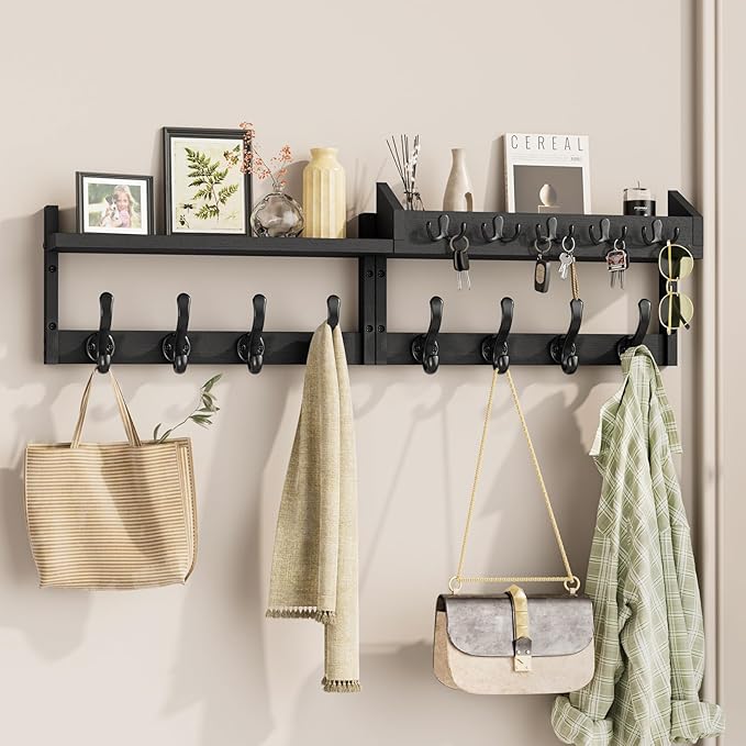 Evermagin 35" Coat Rack Wall Mount with Shelf & 13 Hooks, Entryway, Black | 4-in-1: coat hooks, key hanger, mail holder & display shelf. Pine wood. For bedroom, hallway, mudroom, livingroom by Evermagin