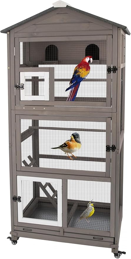 Ketive Flight Bird Cage Outdoor Large Wooden Bird Aviary Parrot Cage for Parakeet, Finches and Any Small Birds - Pull Out Wire Netting, Slide-Out Tray, 2 Perches, Nest House, 4 Wheels Include, Grey by Ketive