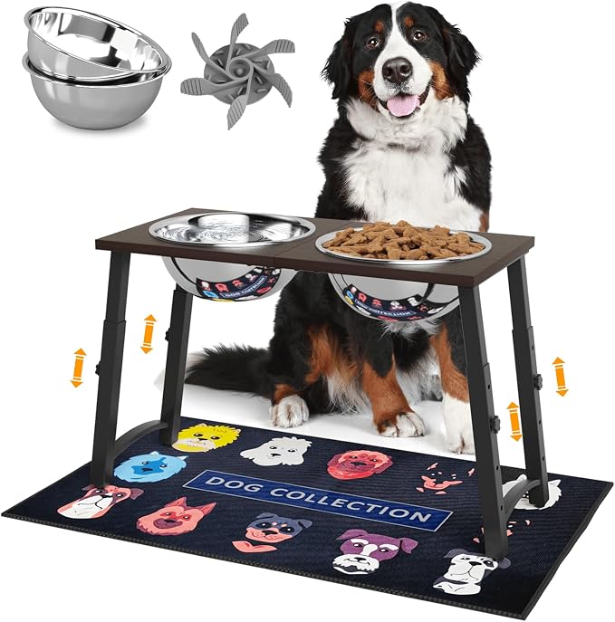 Raised Dog Bowl with Spill-Proof Mat, 4 Adjustable Heights, Two 3000ML Stainless Steel Bowls with Slow Feeder, Elevated Food & Water Bowls for Medium, Large, and Extra Large Dogs by ADENGL
