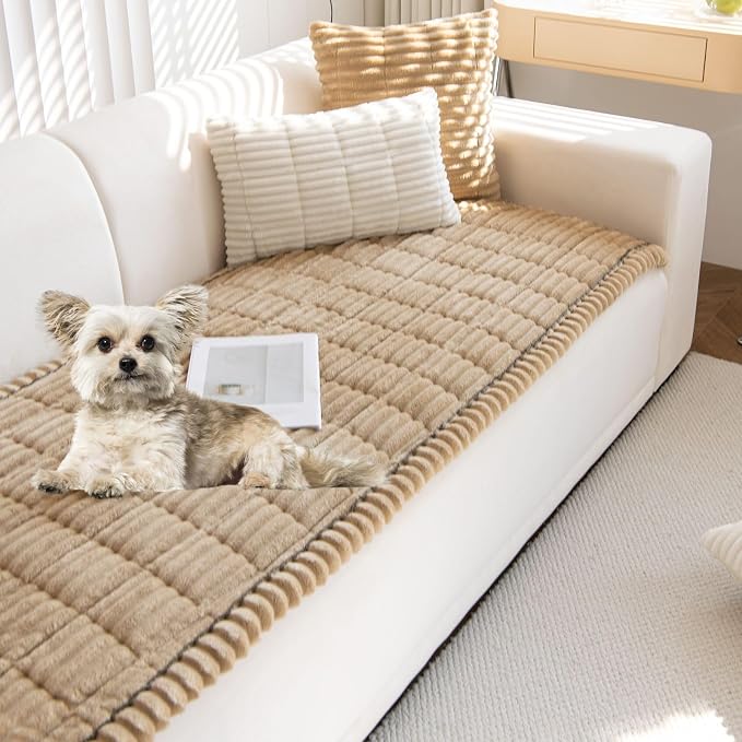 Faux Fur Plush Dog Couch Cover 3D Stripe Fuzzy Sofa Cover Non-Slip Fluffy Dog Bed Cover Pet Blanket Sofa Couch Furniture Protector for Puppy Large Dog Cat (Coffee,24"x35") by WelcometoXSlive