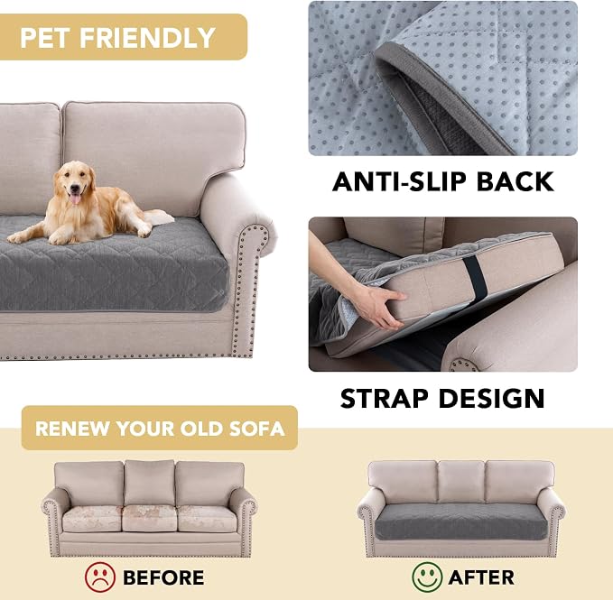 H.VERSAILTEX Couch Cover Chenille Pet Fuzzy Sofa Covers for 3 Cushion Couch Anti Slip Washable Sofa Slipcovers with Strap Soft Couch Protector Cover for Dogs Cats Kids(34.5" x 74", Light Grey) - Image 4