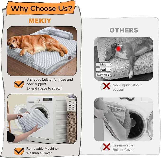 MEKIY Orthopedic XL Dog Bed with Bolster for Extra Large Size Dogs | Pillow Support for Neck Relief, Egg Crate Foam, Skin-Friendly Surface, Waterproof Liner, Anti-Slip Bottom, 42 x 30 Inch - Image 4