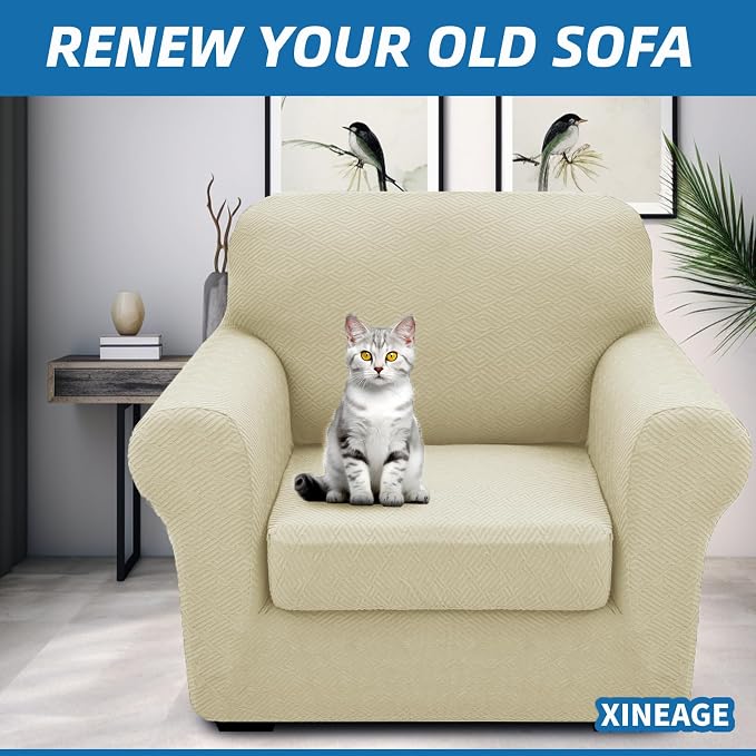 XINEAGE New 2 Pieces Chair Covers with Arms Super Stretch Chair Slipcover for Living Room Pet Dog Universal Slip Cover Anti Slip Armchair Furniture Protector (Light Beige), 31"-46"(1 Cushion) - Image 4