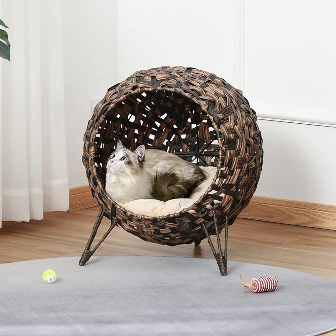 PawHut 20.5" Weaved Cat Bed with Cushion, Brown | Elevated Hand-woven Braided Banana Leaf Kitten House Condo - Image 2