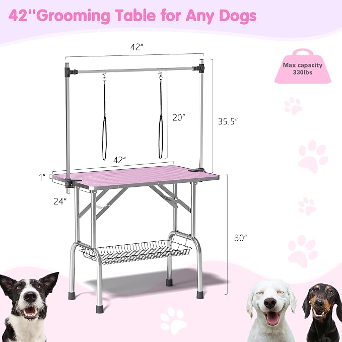Lyromix 42'' Stainless Steel Pet Dog Grooming Table, Arm/Noose/Tray, Pink | Foldable Dog Grooming Table for Dogs at Home, Adjustable Height Arm, Non-Slip Waterproof Tabletop, Capacity 330Lb - Image 2