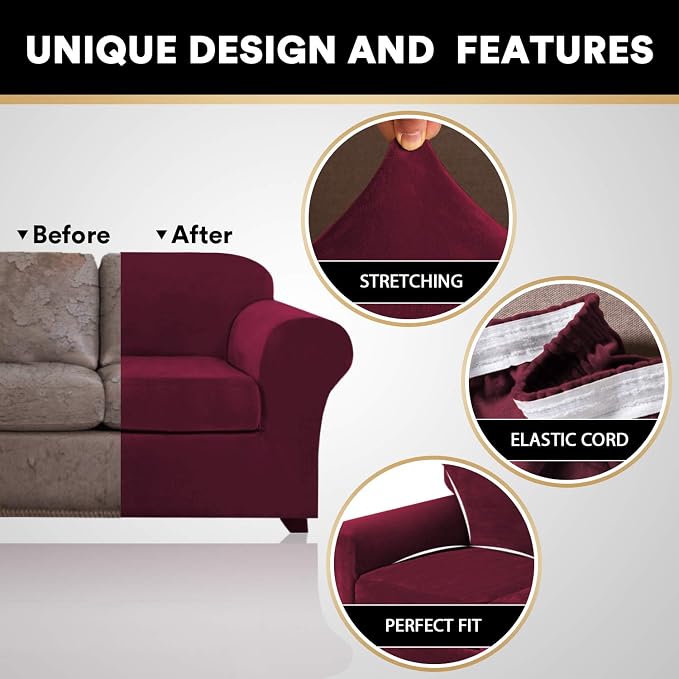 PrinceDeco Velvet Plush Couch Cover Stretch 2 Piece Chair Cover Chair Slipcover Washable Furniture Protector Couch Soft with Elastic Bottom Armchair Cover Width Up to 49 Inch(Small, Burgundy) - Image 3