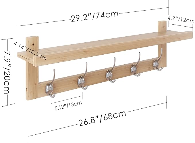 SMIBUY Coat Hooks with Shelf Wall-Mounted, 29.2 Inch Entryway Coat Rack for Wall, Bamboo Hanging Shelf with 5 Double Metal Hooks for Bathroom, Bedroom, Kitchen, Living Room, Mudroom (Natural) - Image 2