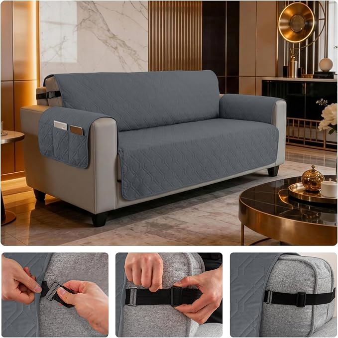 100% Waterproof Couch Cover,Straps&Pockets,pet Friendly,68" Gray | Washable sofa cover, pet-friendly, scratch-resistant furniture protector, quilted sofa cover, reversible, non-slip backing. - Image 6