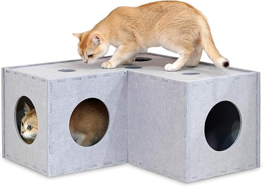 PETKARAY Cat Tunnel, Original Cat Hideaway Cave for Indoor Cats, Large Kitten Play Tubes and Tunnels, Soft Felt Cat Toy with Interactive Peek Hole, Grey L Shape by PETKARAY