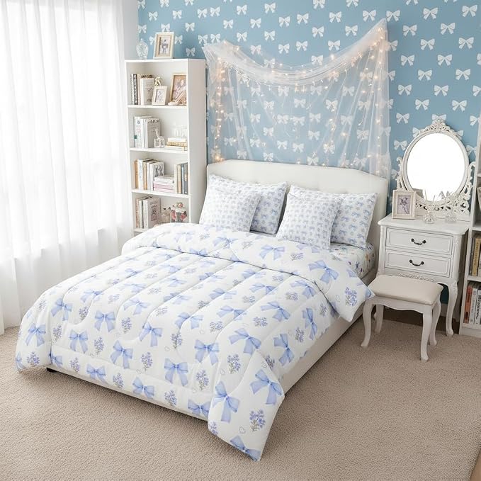 Erosebridal Bow 7 Piece Comforter Set King Bed in a Bag for Girls Kids,Girly Blue Floral Coquette Bedding Sets for Child Bow Knot Ribbon Heart Quilt Dreamy Princess Style Sheet Set with Comforter - Image 3