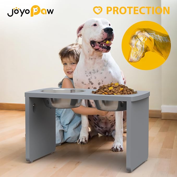 Elevated Dog Bowls, Bamboo Raised Dog Bowl for Large Dogs, with 2 Stainless Steel Bowls (13'' Tall-68oz Bowl, Grey) - Image 3
