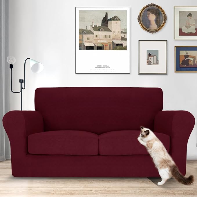 MAXIJIN 3 Piece Couch Covers for 2 Cushion Couch loveseat Cover, Stretch Love Seat Sofa Slipcovers for Dogs Pet, Thick Furniture Protector with 2 Seat Cushion (55"-69", Wine Red) - Image 2