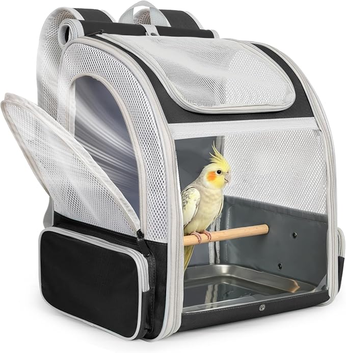 Bird Carrier Backpack for Small to Meidum Bird, Portable Travel Carrier Cage with Standing Perch and Metal Tray (Black, Backpack Carrier) by Unknown