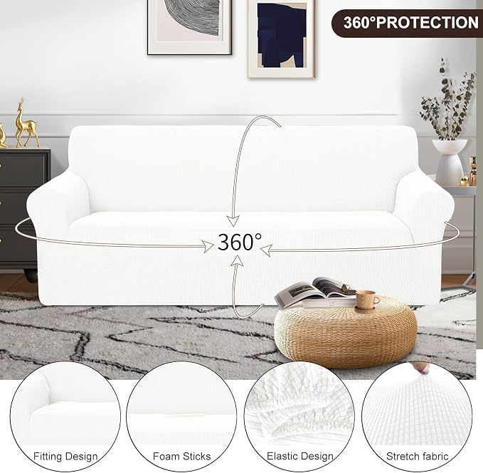 U-NICE HOME Oversized Stretch Couch Cover Slipcover, Ivory White | 3 Cushion Sofa, 1-Piece Sofa cover, Washable, Pet friendly, Furniture protector, Polyester Spandex Jacquard fabric - Image 3