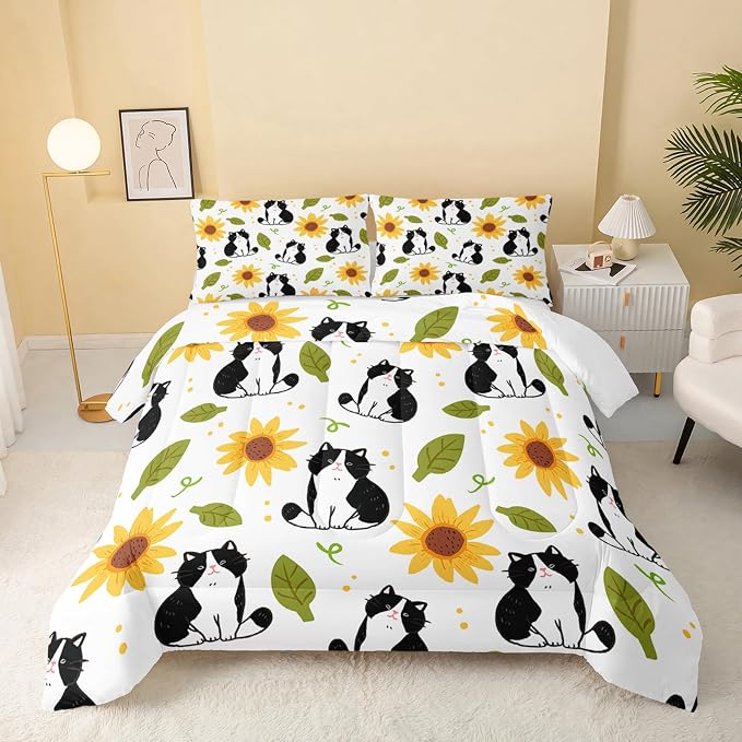 QOOMO Kawaii Cat Comforter Full Size,Sunflower Cat Comforter Set for Kids Teens Girls Boys,3Pcs Bedding Set Printed Comforter with 2 Pillowcases,Down Alternative,Soft and Lightweight，Full Size by QOOMOHOME