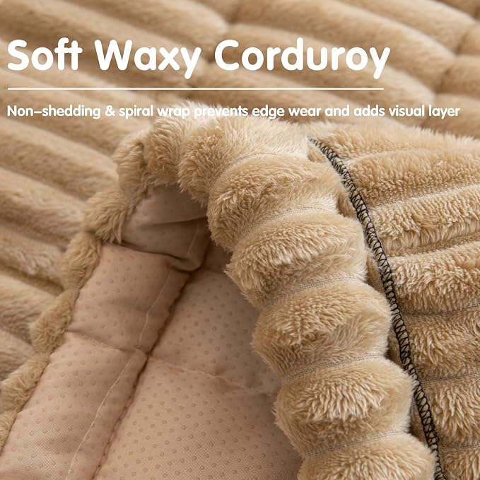STACYPIK Geometric Striped Sofa Cover Non-Slip Fuzzy Pets Couch Cover for 2 Cushion Couch, Washable Khaki Couch Cover for Dogs, Jacquard Warm Corduroy Bed Mat Cover-23.6x59.1IN - Image 6