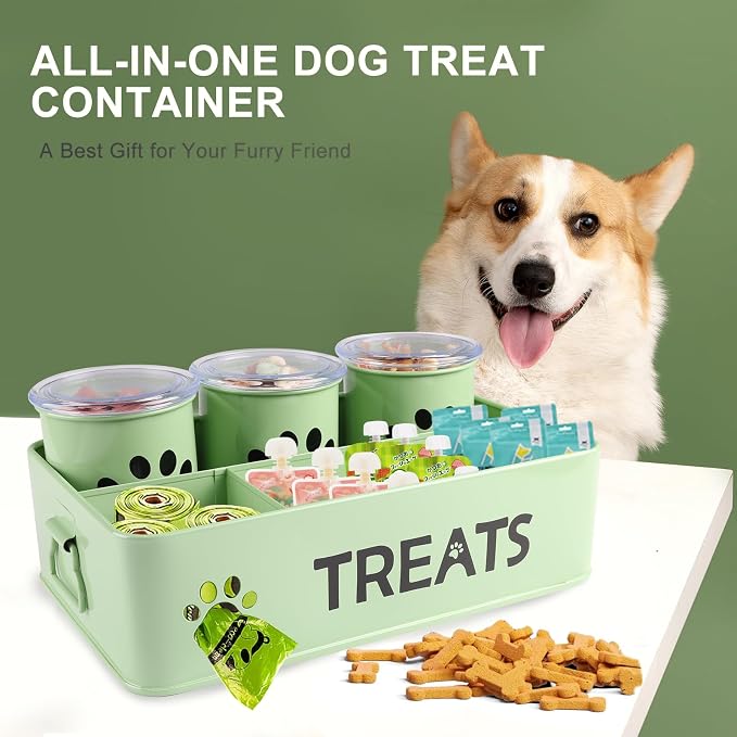 28oz Metal Dog Treat Container Set of 3,Dog Treat Jars with Airtight Lids,Cat Treat Jar,Dog Treat Canister for Countertop,Coated Galvanized Steel Dog Treats Station-Green - Image 3