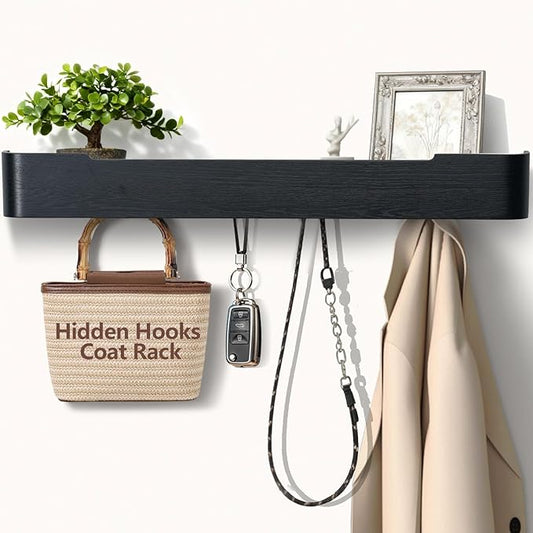 Coat Rack Wall Mount with Shelf 8 Hidden Hooks Modern Wooden Key Holder Entryway Organizer for Hallway Bedroom Bathroom Home Decor Storage for Hanging Coats Hats Bags Towels, Black by Jadoxy