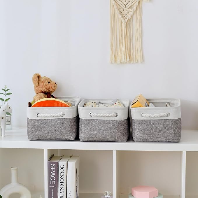 TheWarmHome Storage Bins for Shelves - 13.8L×9.8W×6.7H inch 3 Pack Medium Collapsible Storage Baskets for Organizing | Fabric Storage Cubes for Linen Closet Toy Home (White&Grey) - Image 2