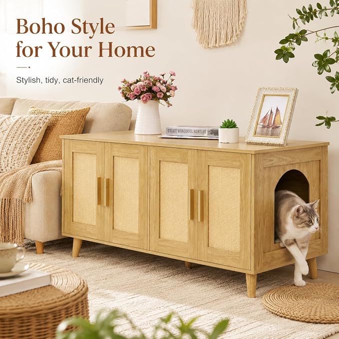 Homhedy Boho Cat Litter Box Enclosure for 2 Cats, Natural | Hidden Litter Box Furniture with Double Rattan Decorated Doors, Cat Washroom, Cat House, Dog-Proof, TV Stand - Image 6