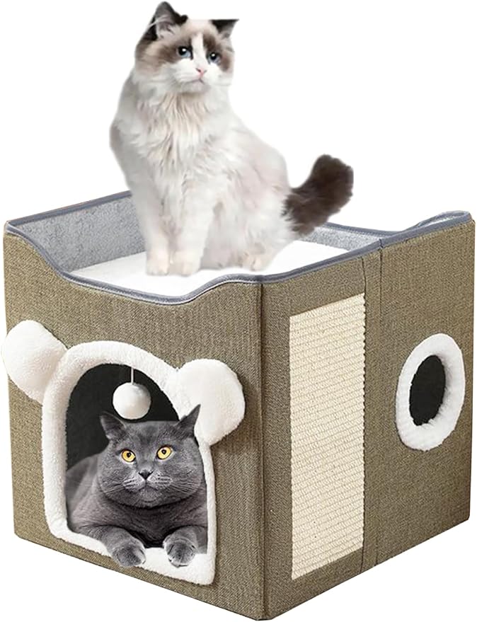 Cat Bed for Indoor Cats Foldable Cat Houses with Fluffy Ball and Scratch Pad Large Cat Cave Green Cat Hideaway by Unknown